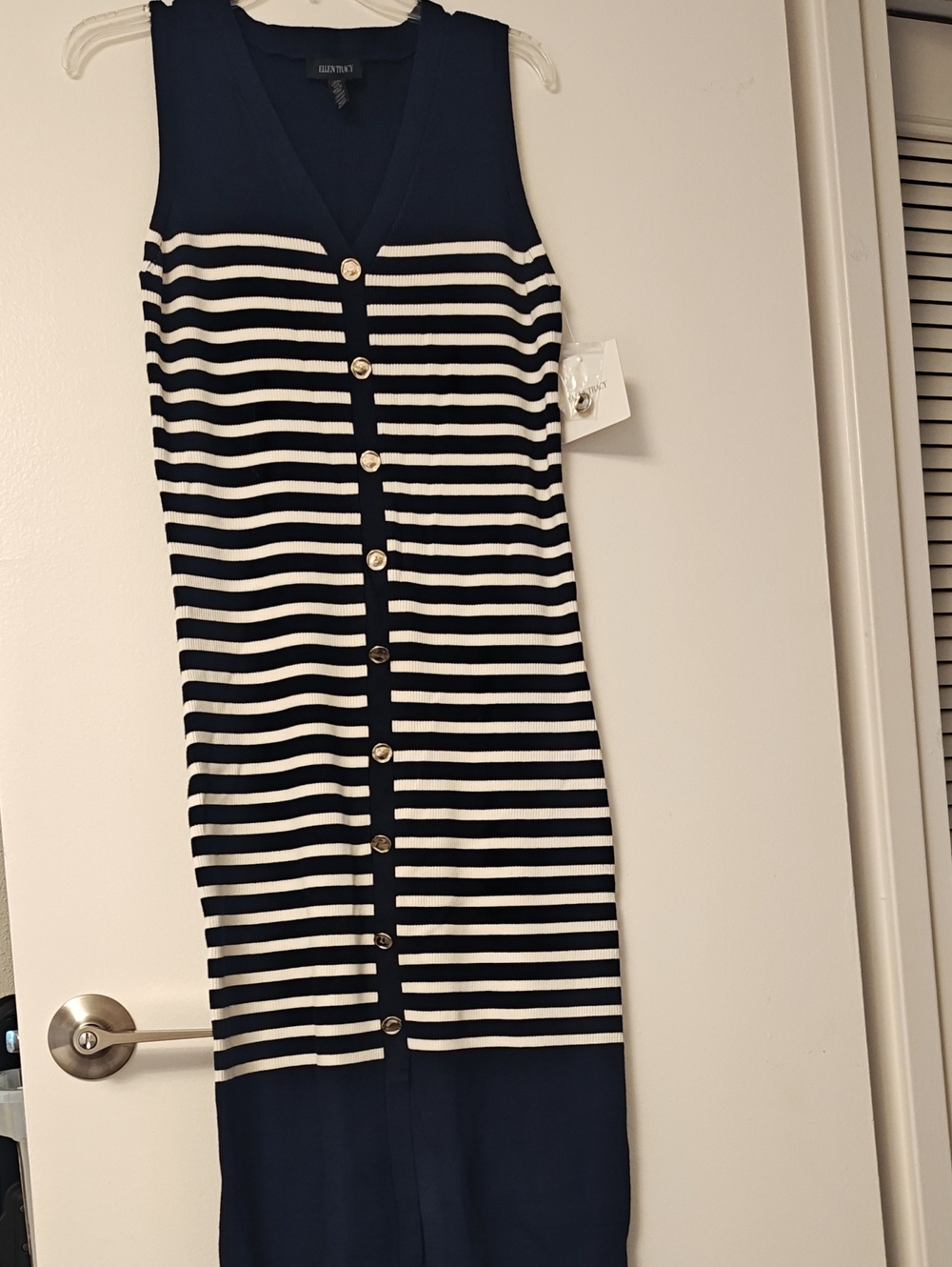 Ellen Tracy Navy and White Striped Button-Front Midi Dress